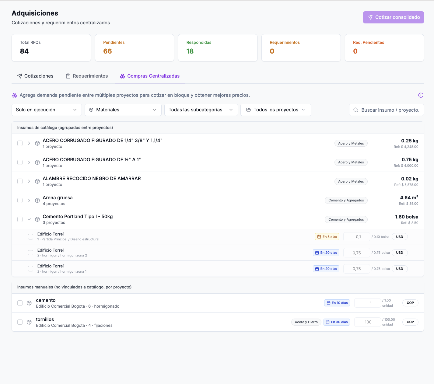 Vista detallada del módulo de Compras Centralizadas de OneMake: listado de insumos de catálogo agrupados entre proyectos con cantidades, fechas de entrega, precios de referencia y filtros por categoría
