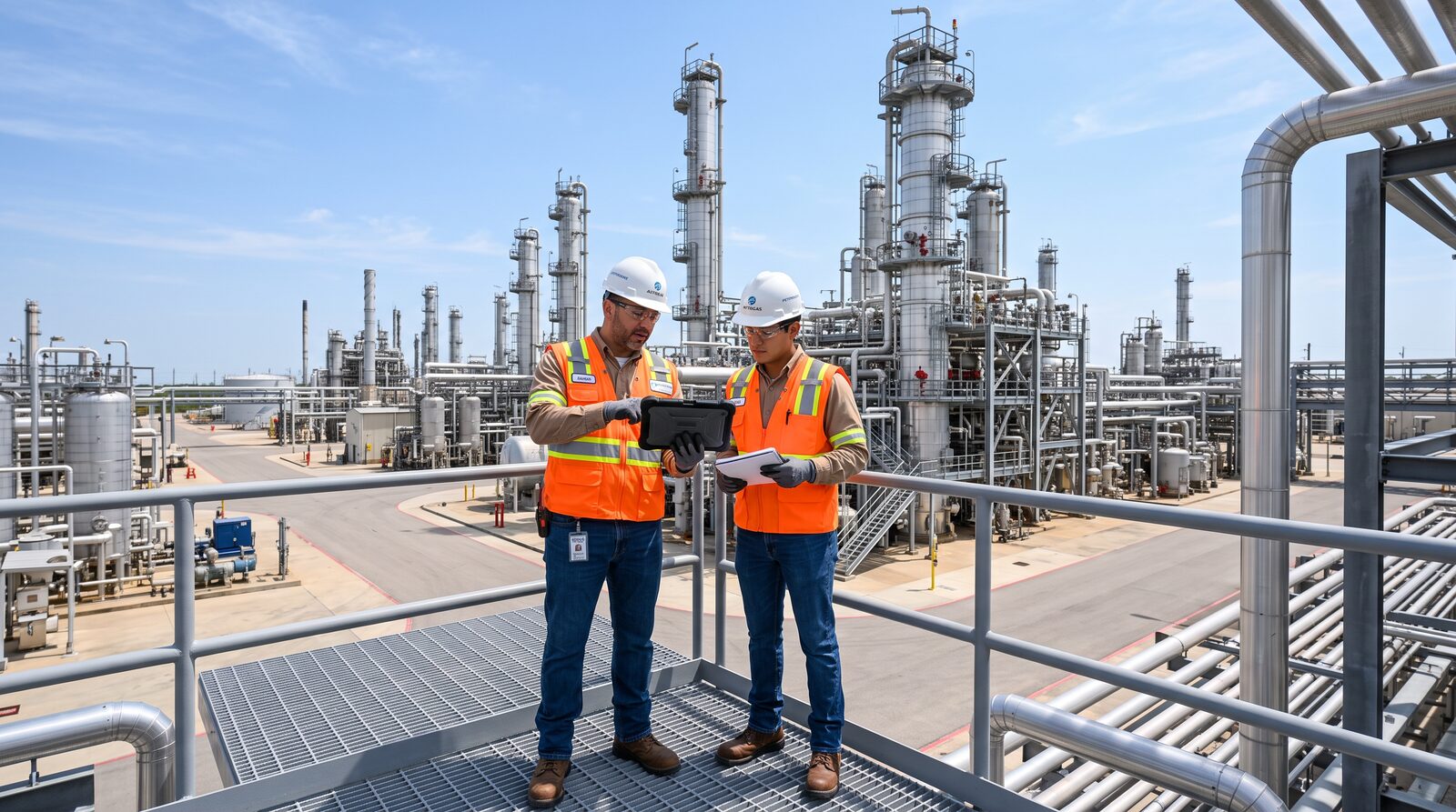 Ingenieros revisando operaciones en una refinería con OneMake