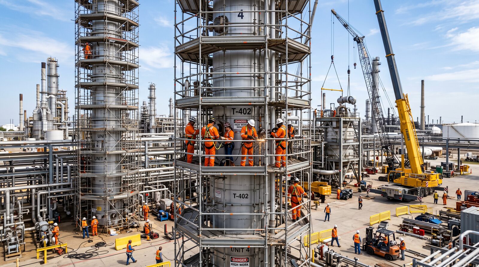 Parada de planta de refinería con andamios y equipo de mantenimiento