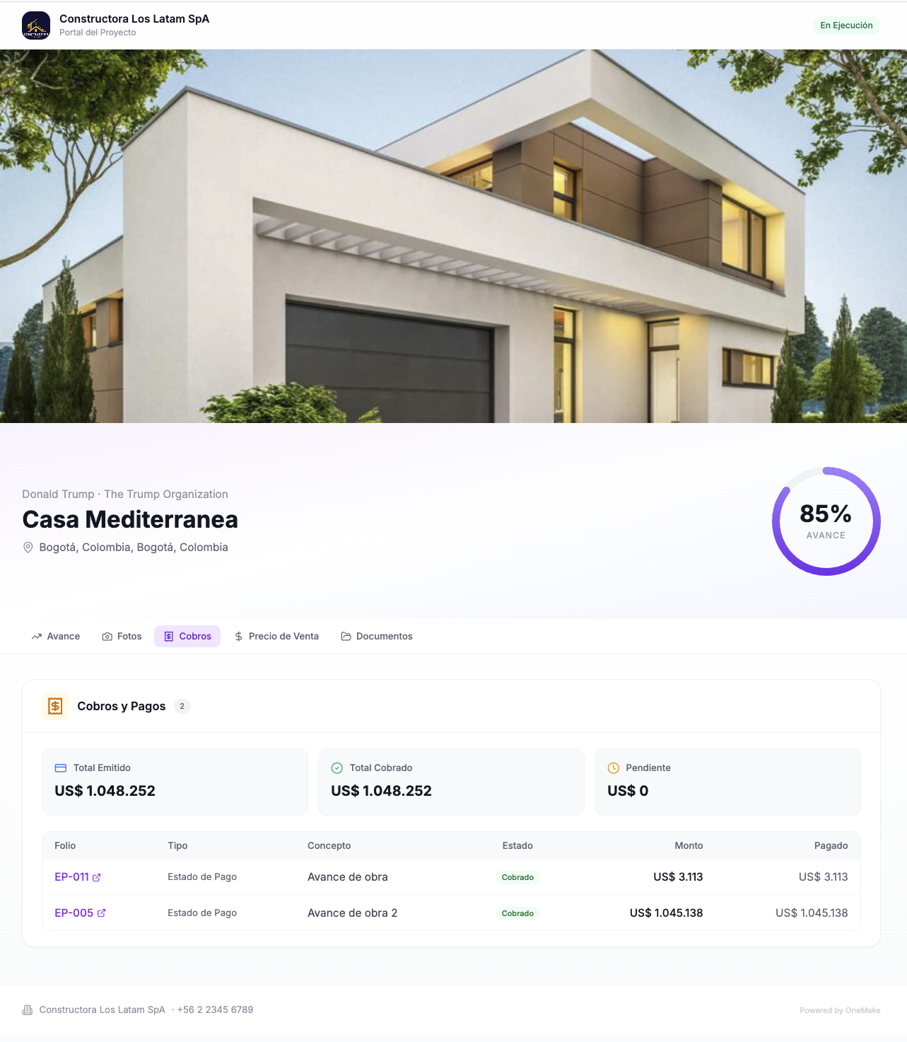Portal Cliente de OneMake mostrando sección de cobros y pagos con total emitido US$ 1,048,252, estados de pago EP-011 y EP-005 con montos y estado cobrado