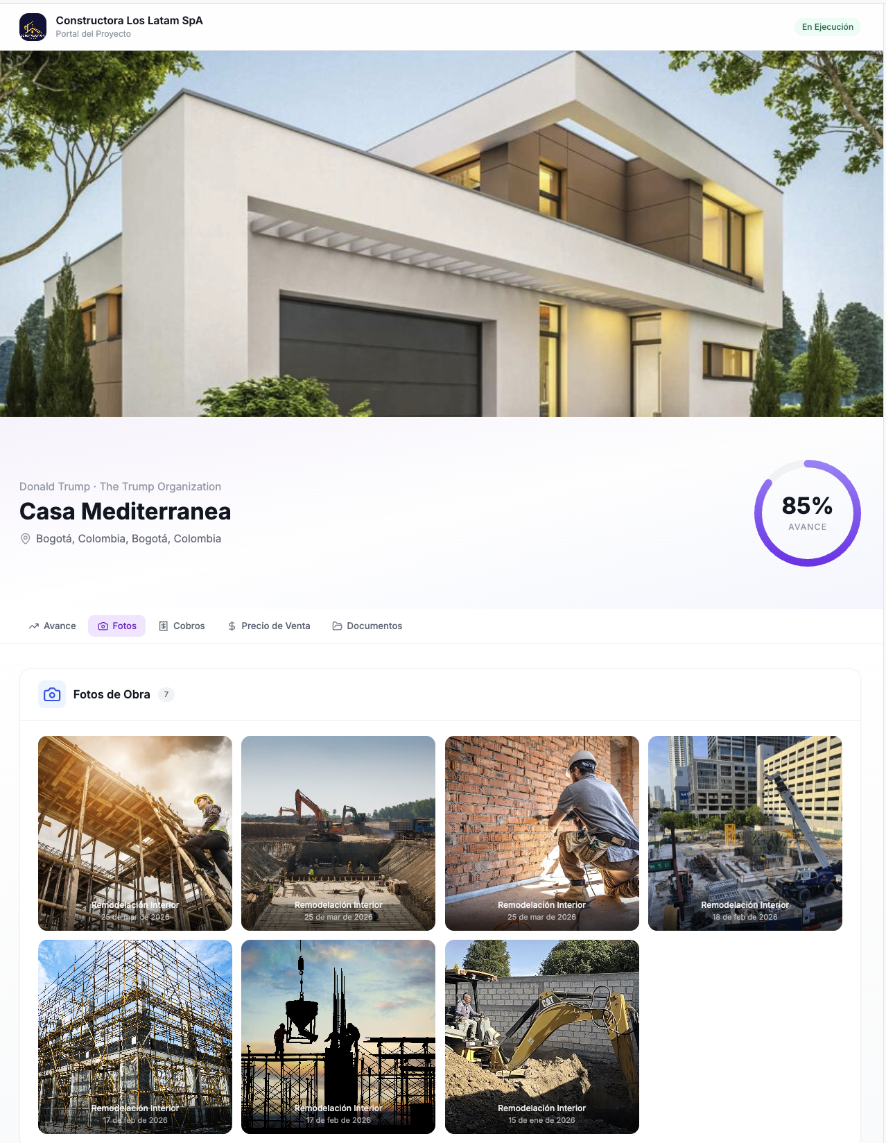 Portal Cliente de OneMake mostrando galería de fotos de obra organizadas por actividad y fecha, con 7 fotografías de la Remodelación Interior del proyecto
