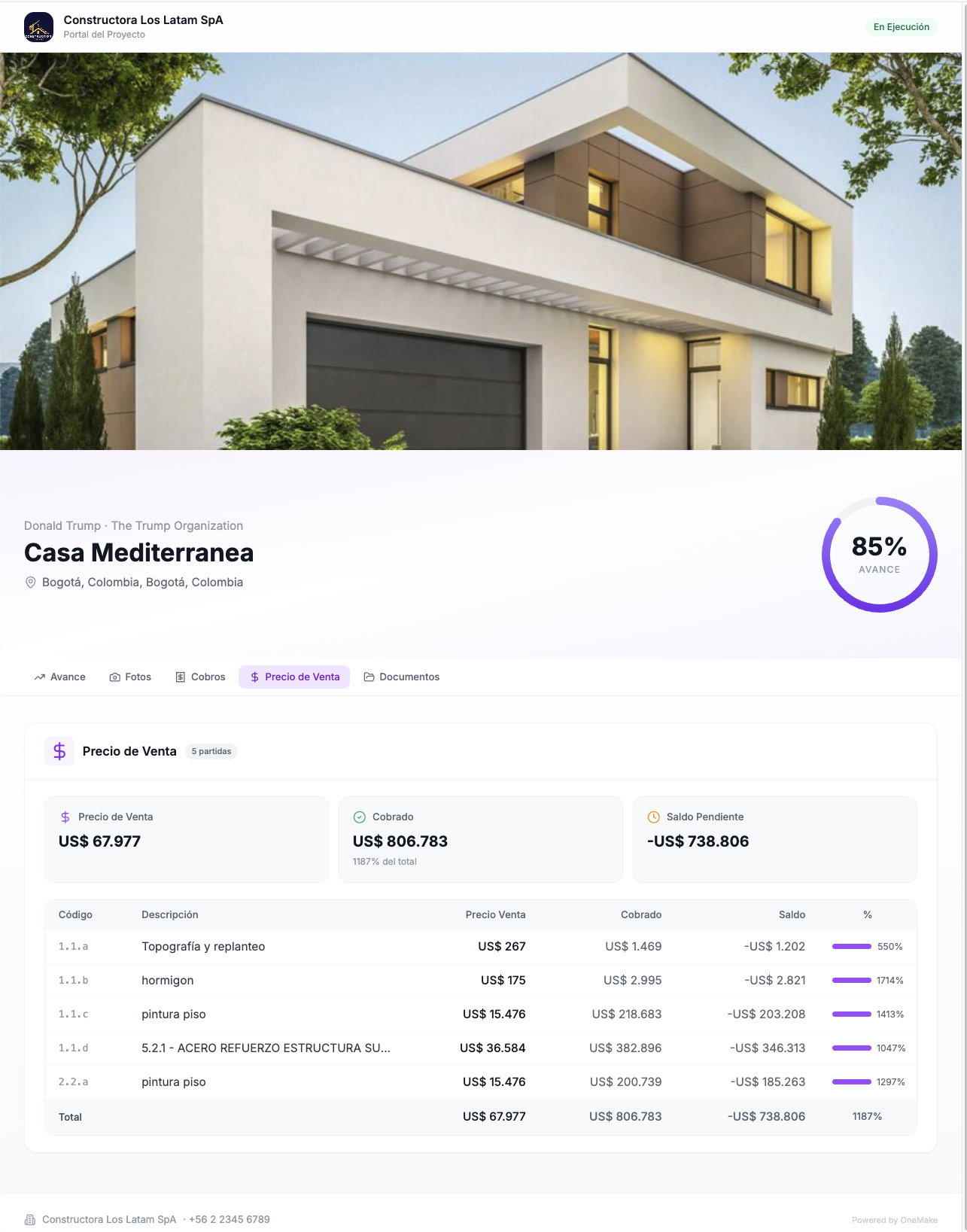 Portal Cliente de OneMake mostrando desglose de precio de venta con 5 partidas, precio total US$ 67,977, cobrado US$ 806,783 y saldo pendiente, con porcentajes de avance por actividad